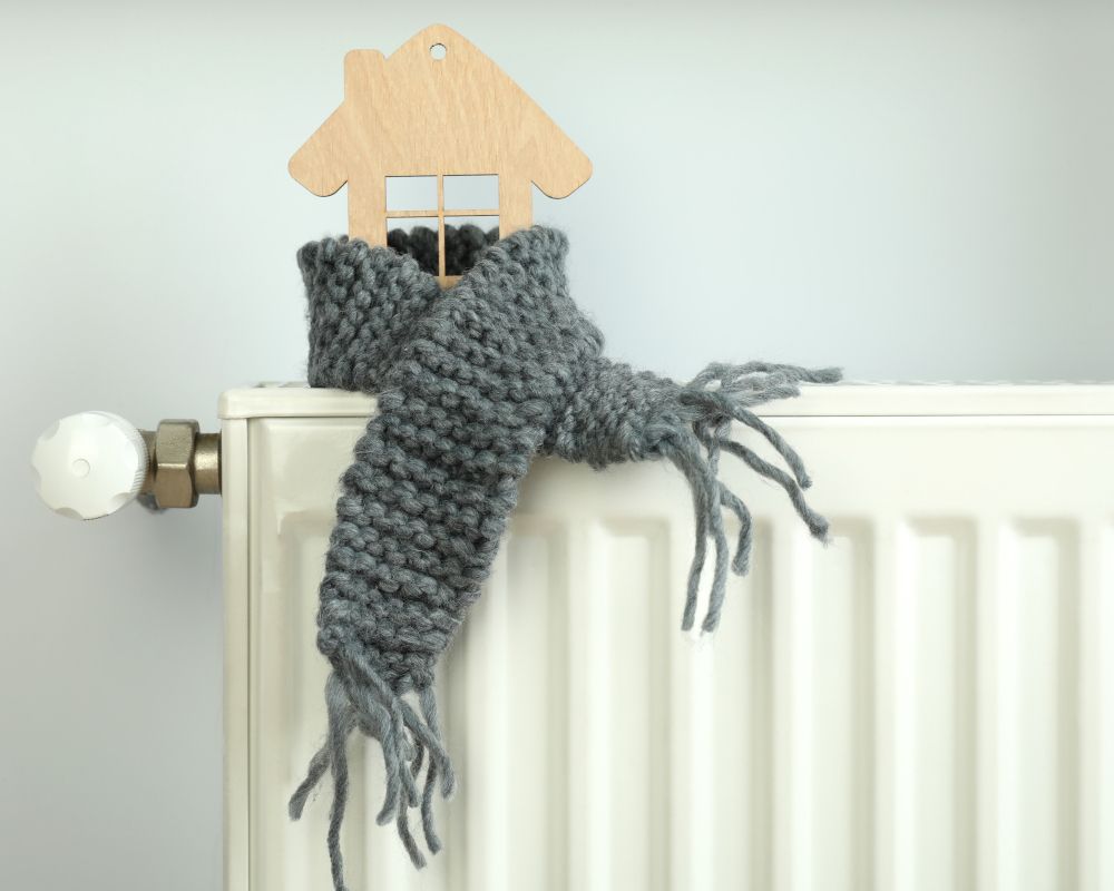 Una casa con una bufanda encima de un radiador. Imagen que hacer referencia al aislamiento y climatización de una casa.